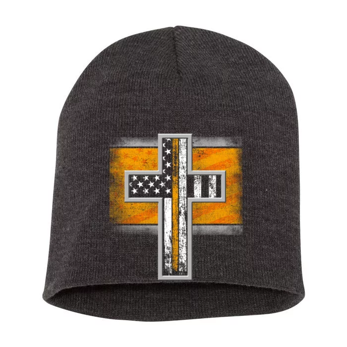 Thin Gold Line Cross Flag Support Front line Workers Short Acrylic Beanie