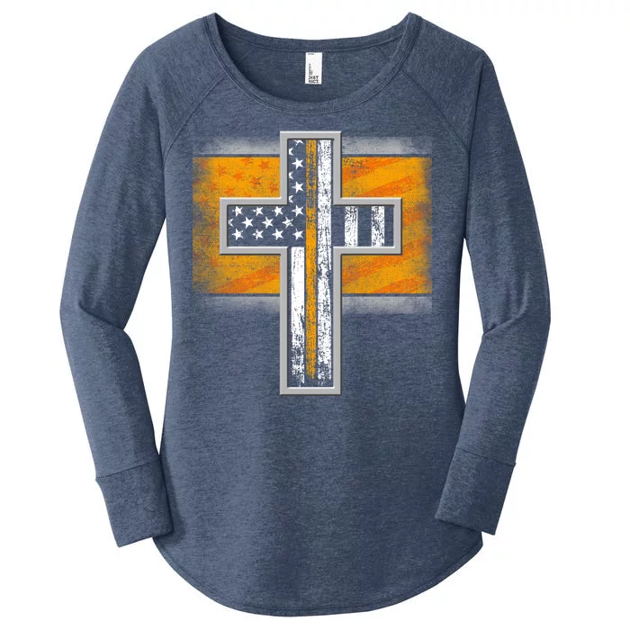 Thin Gold Line Cross Flag Support Front line Workers Women's Perfect Tri Tunic Long Sleeve Shirt