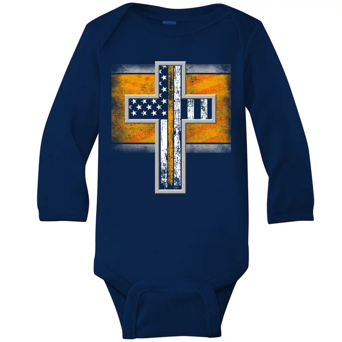 Thin Gold Line Cross Flag Support Front line Workers Baby Long Sleeve Bodysuit