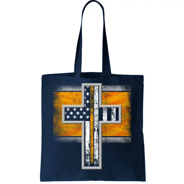 Thin Gold Line Cross Flag Support Front line Workers Tote Bag