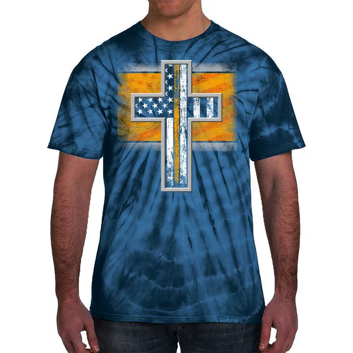 Thin Gold Line Cross Flag Support Front line Workers Tie-Dye T-Shirt