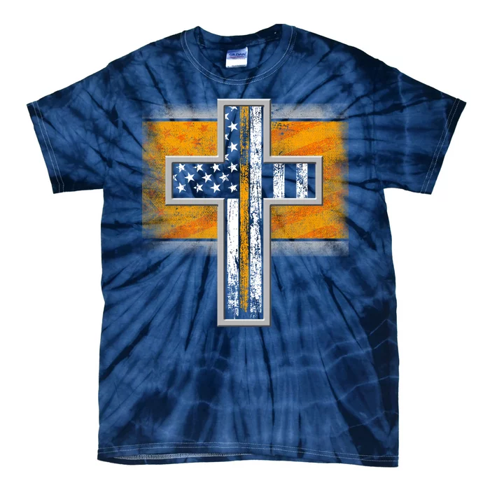 Thin Gold Line Cross Flag Support Front line Workers Tie-Dye T-Shirt