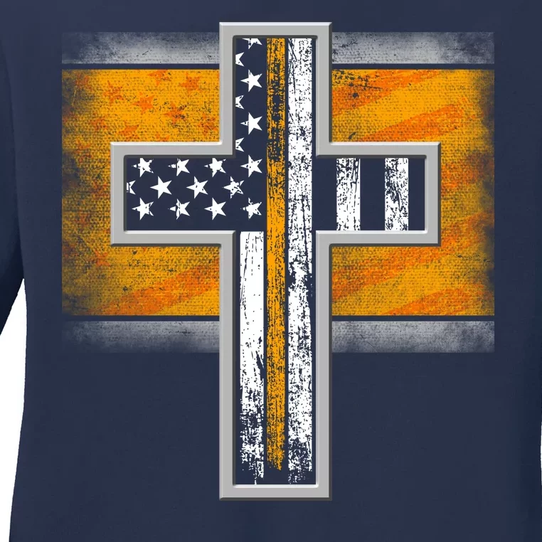 Thin Gold Line Cross Flag Support Front line Workers Ladies Long Sleeve Shirt