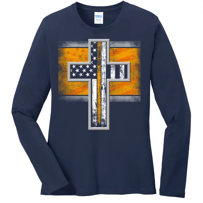 Thin Gold Line Cross Flag Support Front line Workers Ladies Long Sleeve Shirt