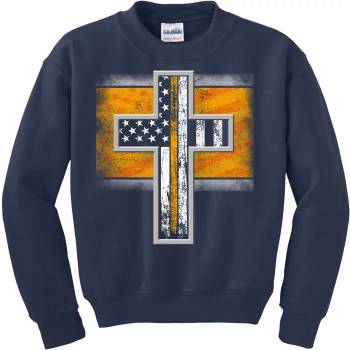 Thin Gold Line Cross Flag Support Front line Workers Kids Sweatshirt