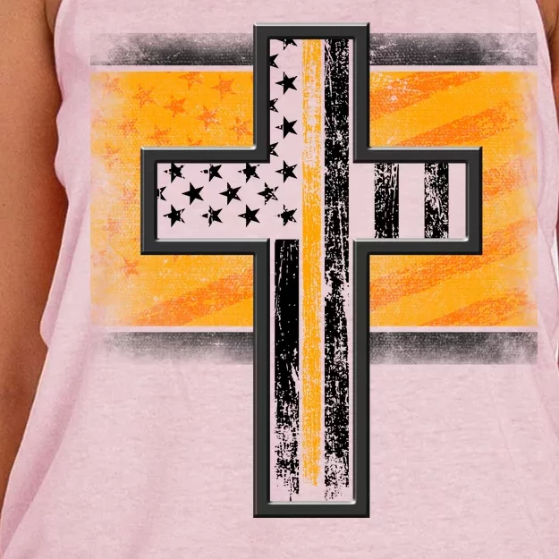 Thin Gold Line Cross Flag Support Front line Workers Women's Knotted Racerback Tank