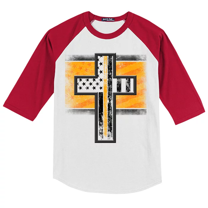 Thin Gold Line Cross Flag Support Front line Workers Kids Colorblock Raglan Jersey