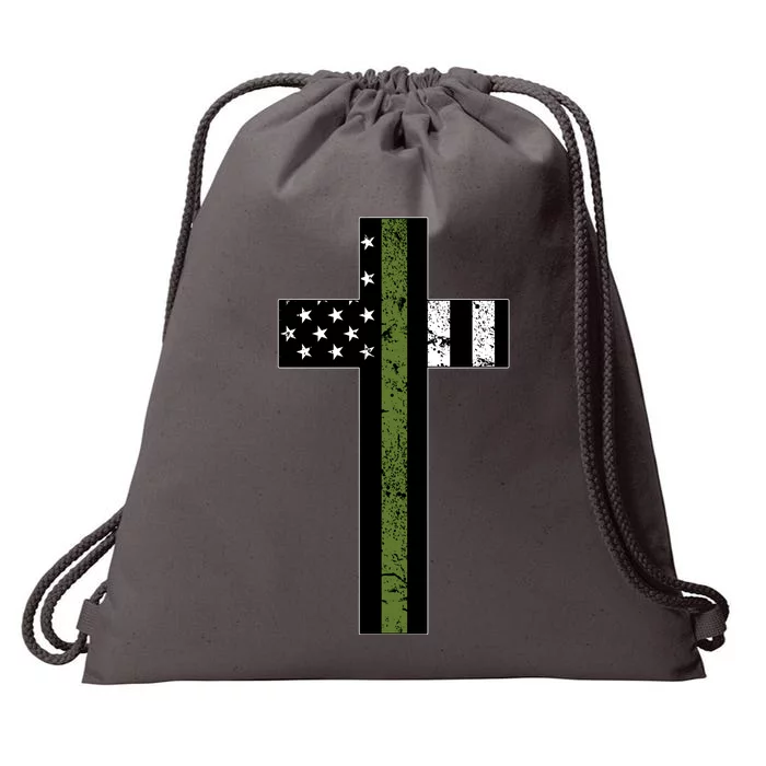 Thin Green Line Cross Military Drawstring Bag