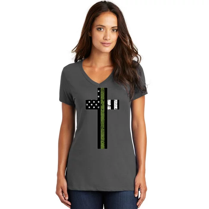 Thin Green Line Cross Military Women's V-Neck T-Shirt