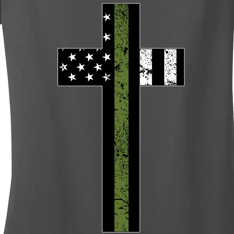 Thin Green Line Cross Military Women's V-Neck T-Shirt