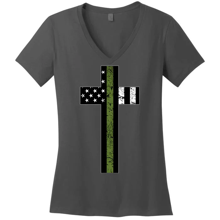 Thin Green Line Cross Military Women's V-Neck T-Shirt