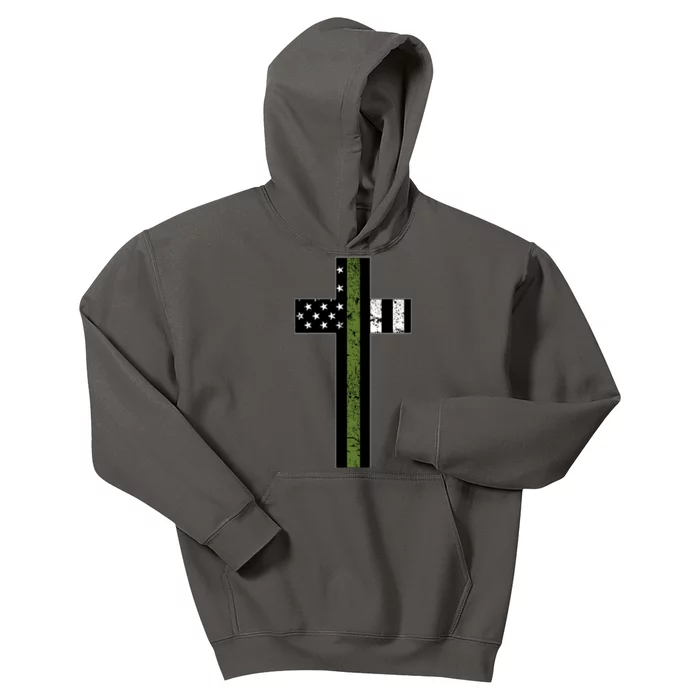 Thin Green Line Cross Military Kids Hoodie