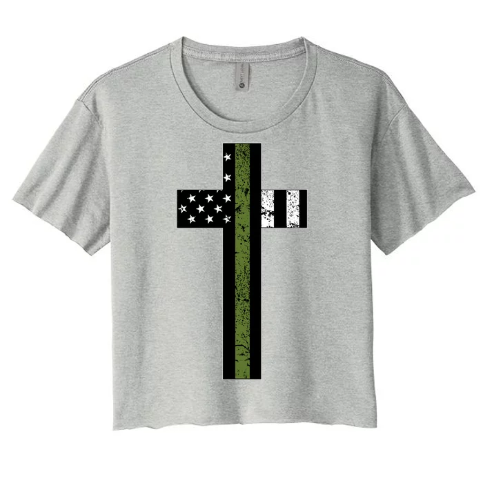 Thin Green Line Cross Military Women's Crop Top Tee