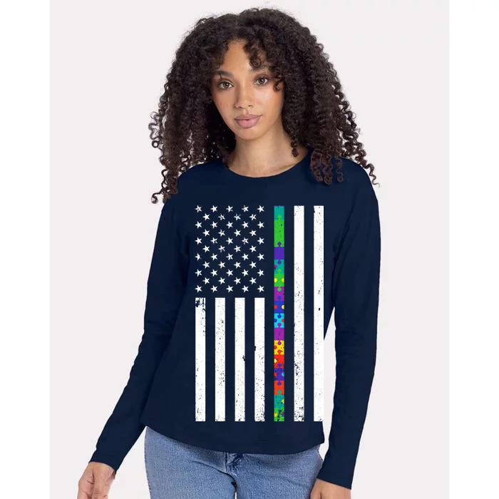 Thin Puzzle Line Autism Flag Womens Cotton Relaxed Long Sleeve T-Shirt