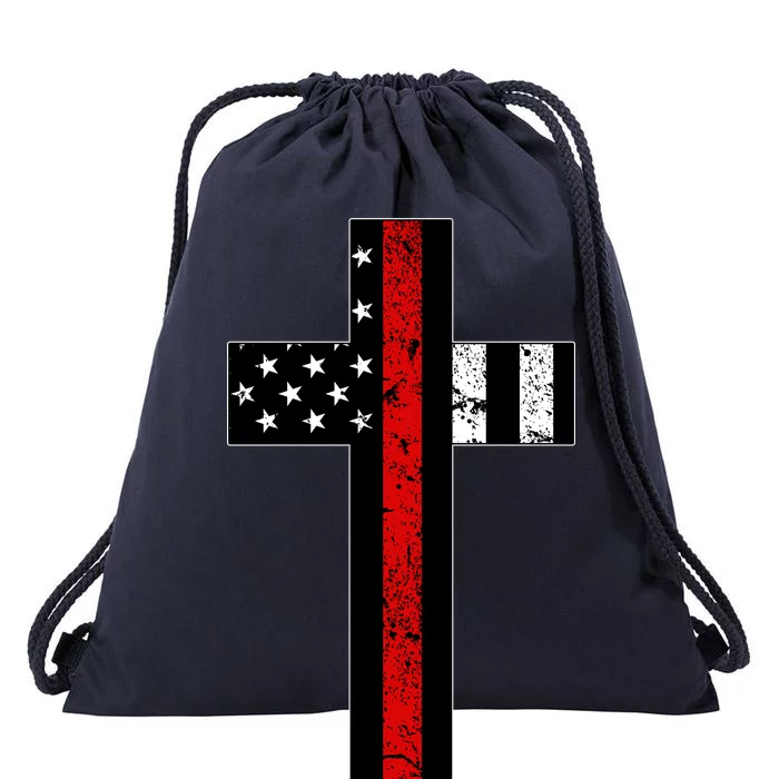 Thin Red Line Cross Firefighter Drawstring Bag