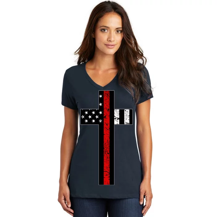 Thin Red Line Cross Firefighter Women's V-Neck T-Shirt