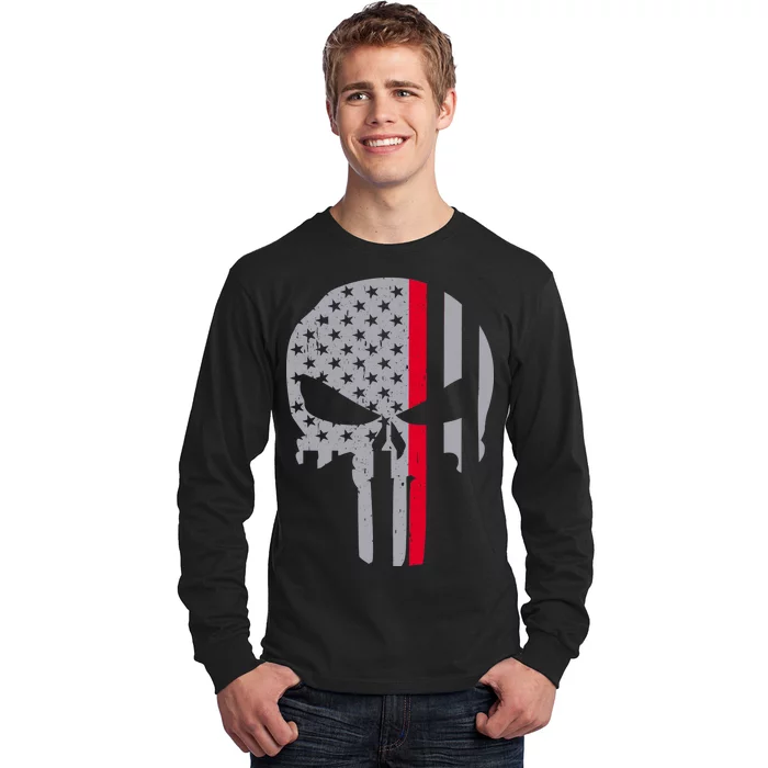 Thin Red Line Skull USA Firefighter Flag Long Sleeve Shirt