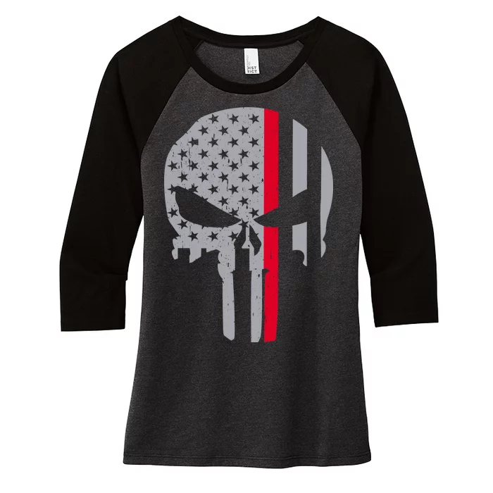 Thin Red Line Skull USA Firefighter Flag Women's Tri-Blend 3/4-Sleeve Raglan Shirt