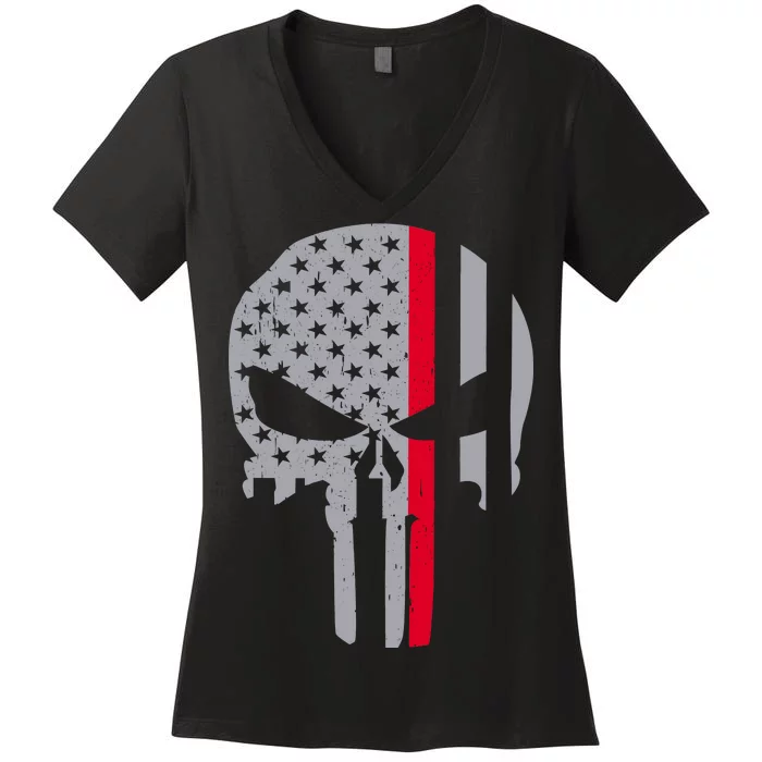 Thin Red Line Skull USA Firefighter Flag Women's V-Neck T-Shirt