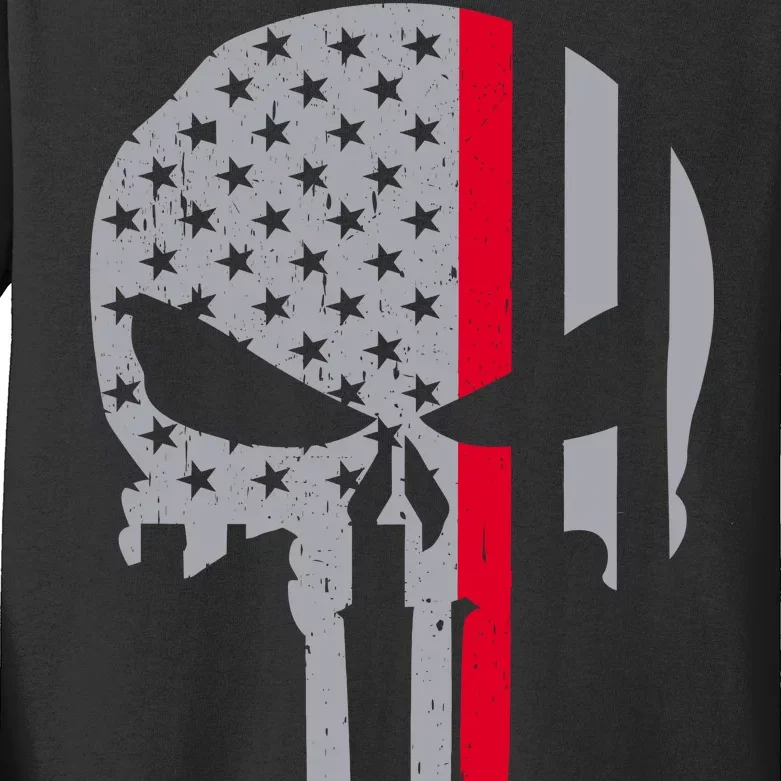 Thin Red Line Skull USA Firefighter Flag Kids Long Sleeve Shirt