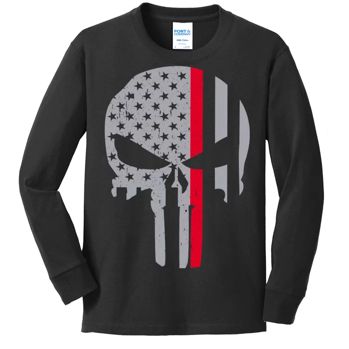 Thin Red Line Skull USA Firefighter Flag Kids Long Sleeve Shirt