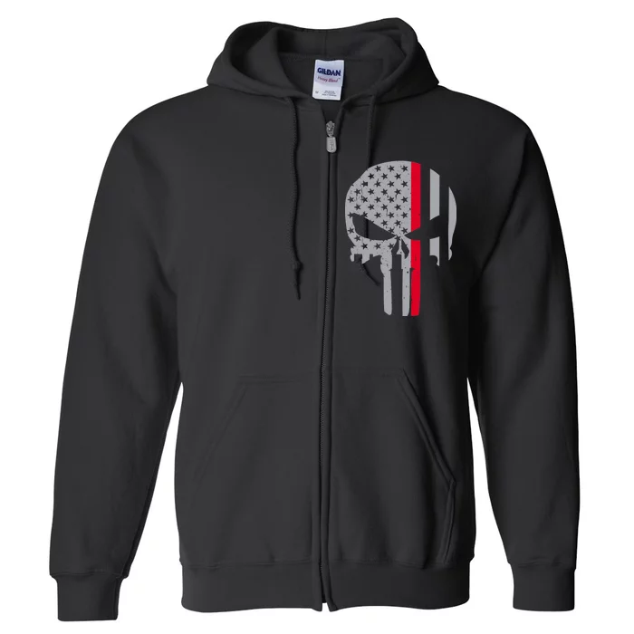 Thin Red Line Skull USA Firefighter Flag Full Zip Hoodie