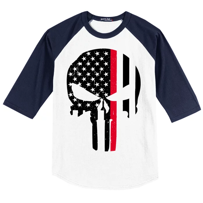 Thin Red Line Skull USA Firefighter Flag Baseball Sleeve Shirt