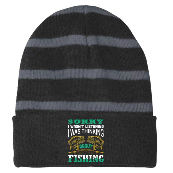 Thinking About Fishing Funny Striped Beanie with Solid Band