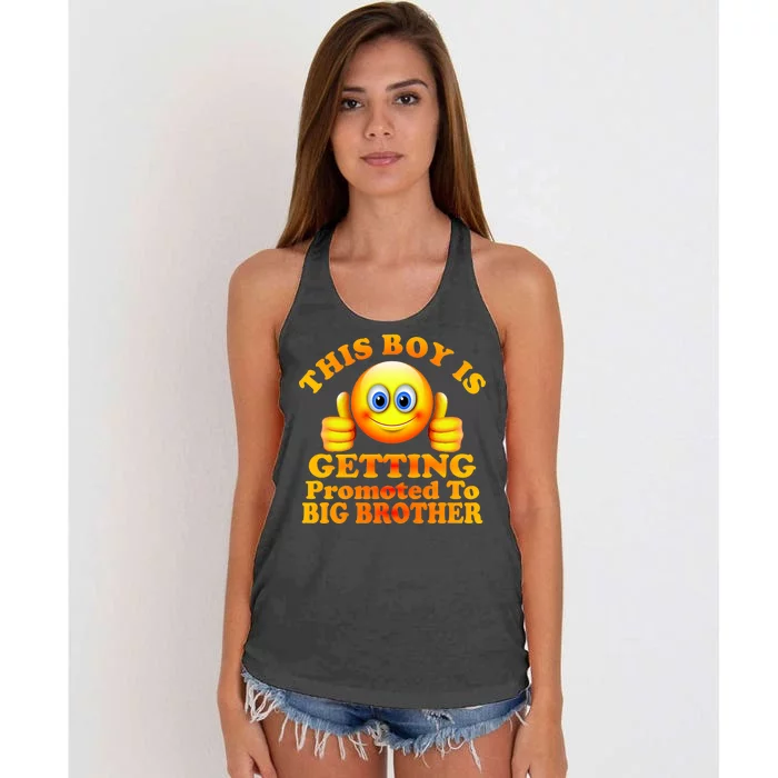 This Boy is Getting Promoted To Big Brother Smiley Emoji Women's Knotted Racerback Tank