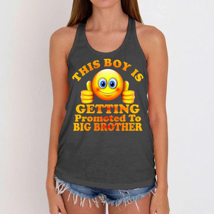 This Boy is Getting Promoted To Big Brother Smiley Emoji Women's Knotted Racerback Tank