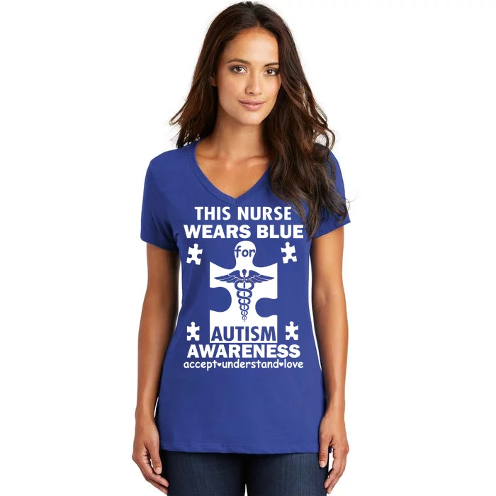 This Nurse Wears Blue For Autism Awareness Women's V-Neck T-Shirt