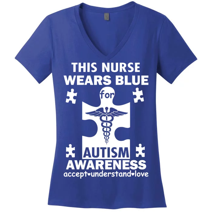 This Nurse Wears Blue For Autism Awareness Women's V-Neck T-Shirt