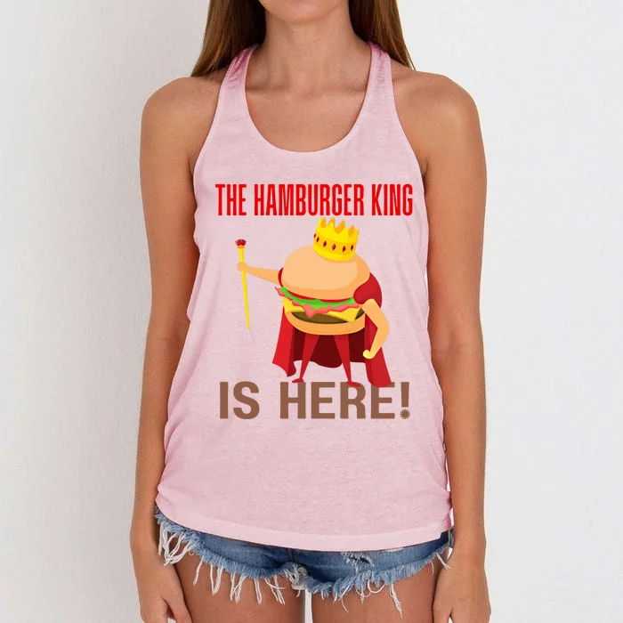 The Hamburger King Is Here Funny Bbq Grill Barbecue Cookout Gift Women's Knotted Racerback Tank