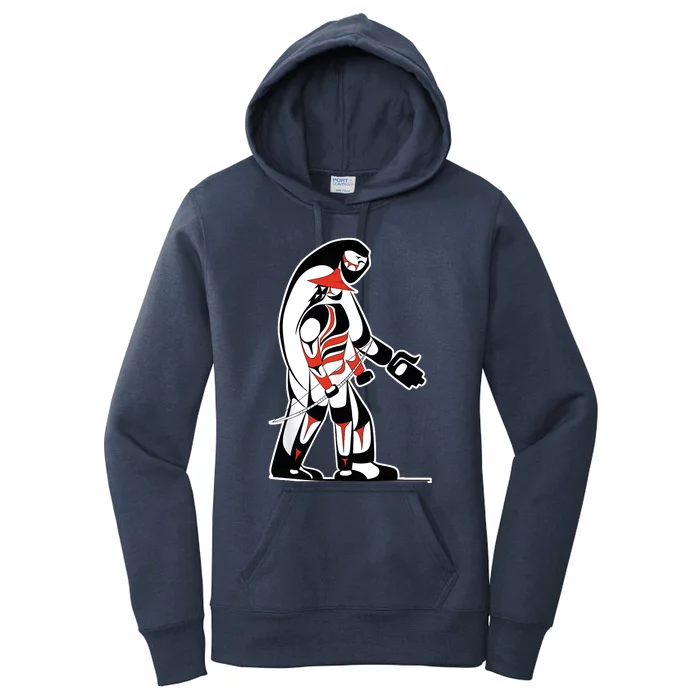 "The Hunter" Native Salish Artwork Hunter and Bigfoot Tribal Women's Pullover Hoodie