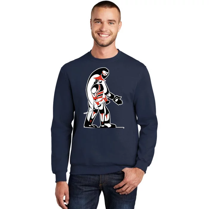 "The Hunter" Native Salish Artwork Hunter and Bigfoot Tribal Tall Sweatshirt