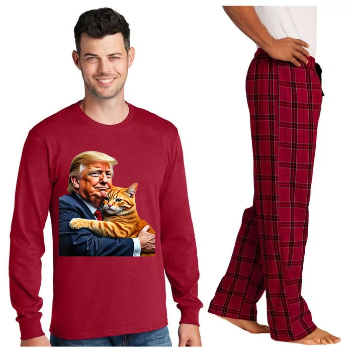 Trump Hugging Orange Cat Funny 2024 Election Meme Graphic Long Sleeve Pajama Set