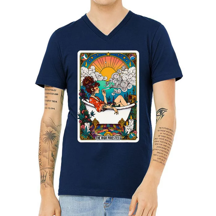 The High Priest.Ess Retro Cannabis Stoner Weed Tarot Card V-Neck T-Shirt