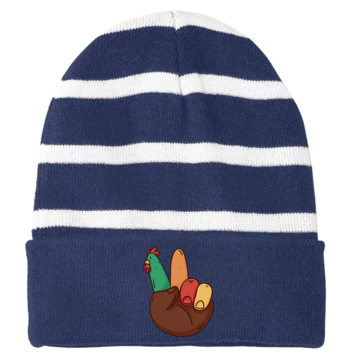 Turkey Hand Peace Sign Holiday Striped Beanie with Solid Band