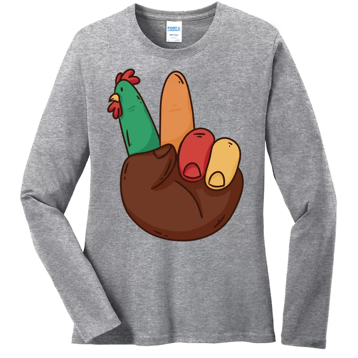 Turkey Hand Peace Sign Holiday Ladies Long Sleeve Shirt