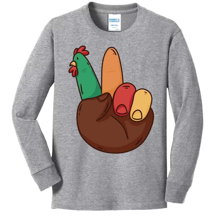 Turkey Hand Peace Sign Holiday Kids Long Sleeve Shirt