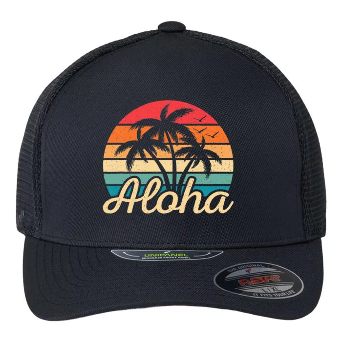 Tropical Hawaiian Retro Palm Tree Sunset Aloha Hawaii Beach Flexfit Unipanel Trucker Cap