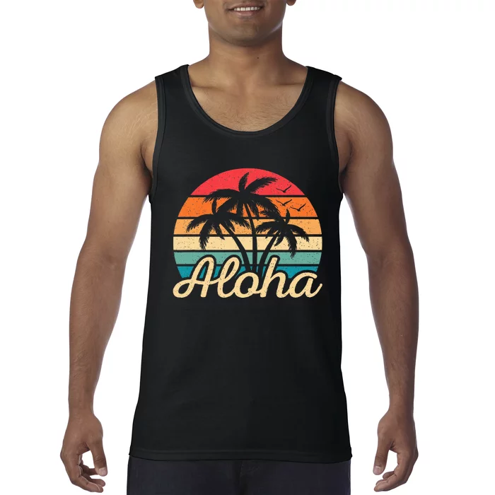 Tropical Hawaiian Retro Palm Tree Sunset Aloha Hawaii Beach Tank Top