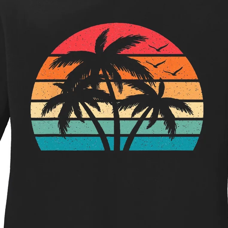 Tropical Hawaiian Retro Palm Tree Sunset Hawaii Beach Ladies Long Sleeve Shirt