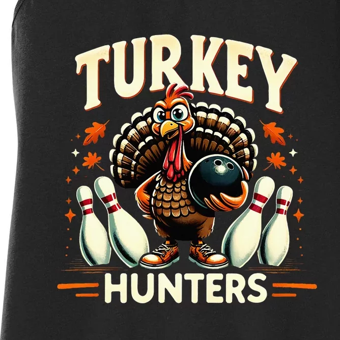 Turkey Hunters Retro Thanksgiving Bowling Lovers Women's Racerback Tank