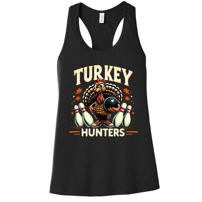 Turkey Hunters Retro Thanksgiving Bowling Lovers Women's Racerback Tank