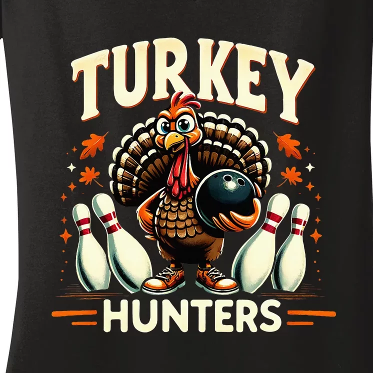 Turkey Hunters Retro Thanksgiving Bowling Lovers Women's V-Neck T-Shirt