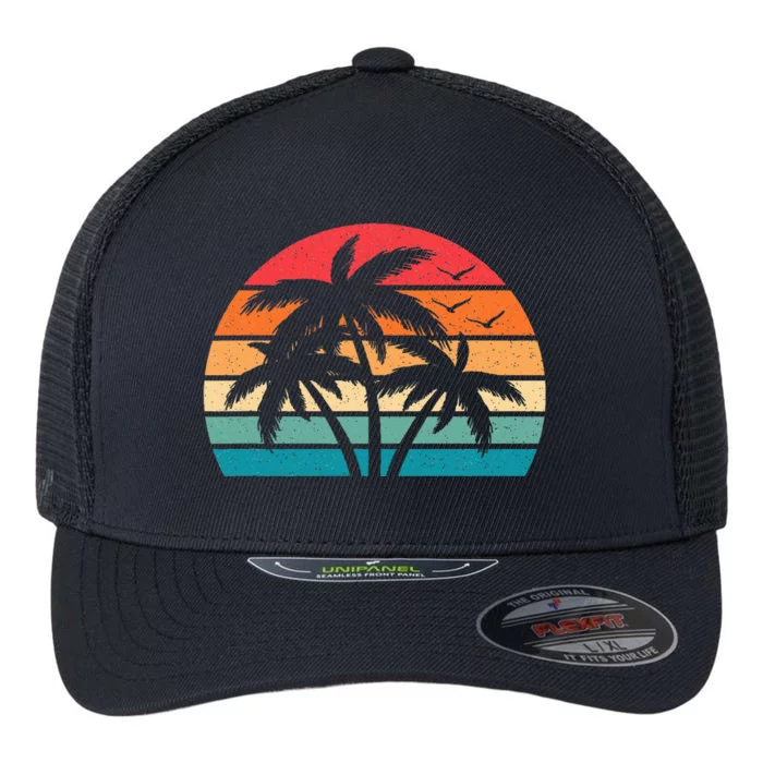 Tropical Hawaiian Retro Palm Tree Sunset Hawaii Beach Flexfit Unipanel Trucker Cap