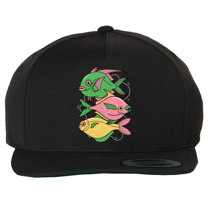 Three Colorful Fishes Wool Snapback Cap