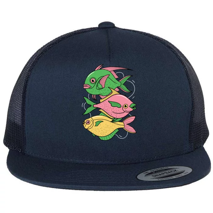 Three Colorful Fishes Flat Bill Trucker Hat