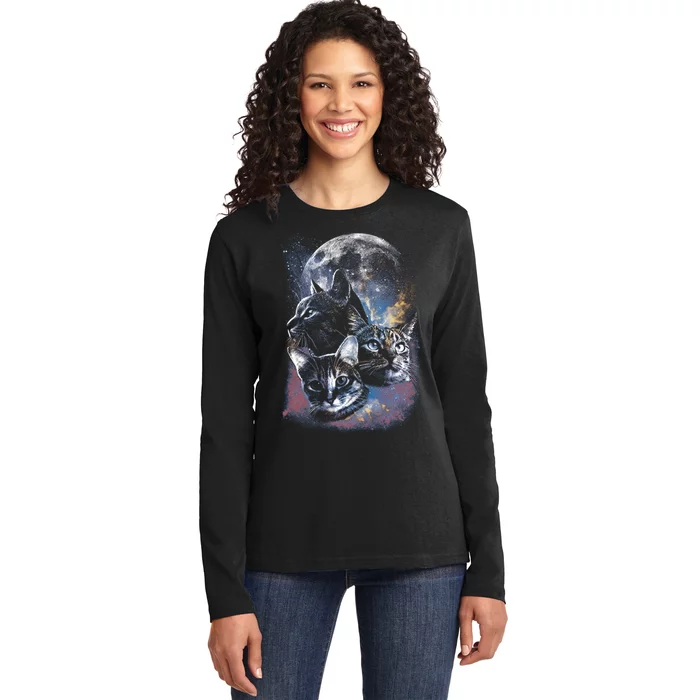 Three Moon Space Cats Ladies Long Sleeve Shirt